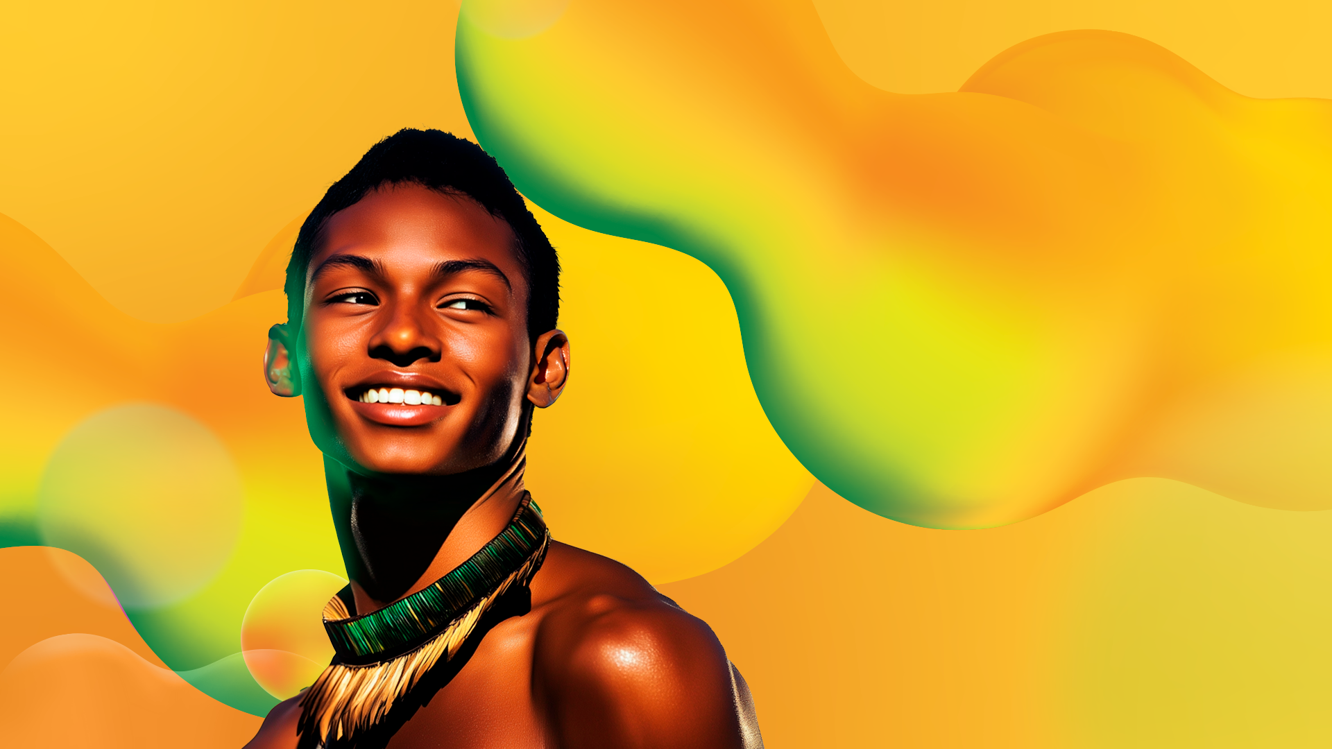 Imagem de indígena com colar verde amarelo diante de fundo amarelo com grafismos em verde e amarelo
