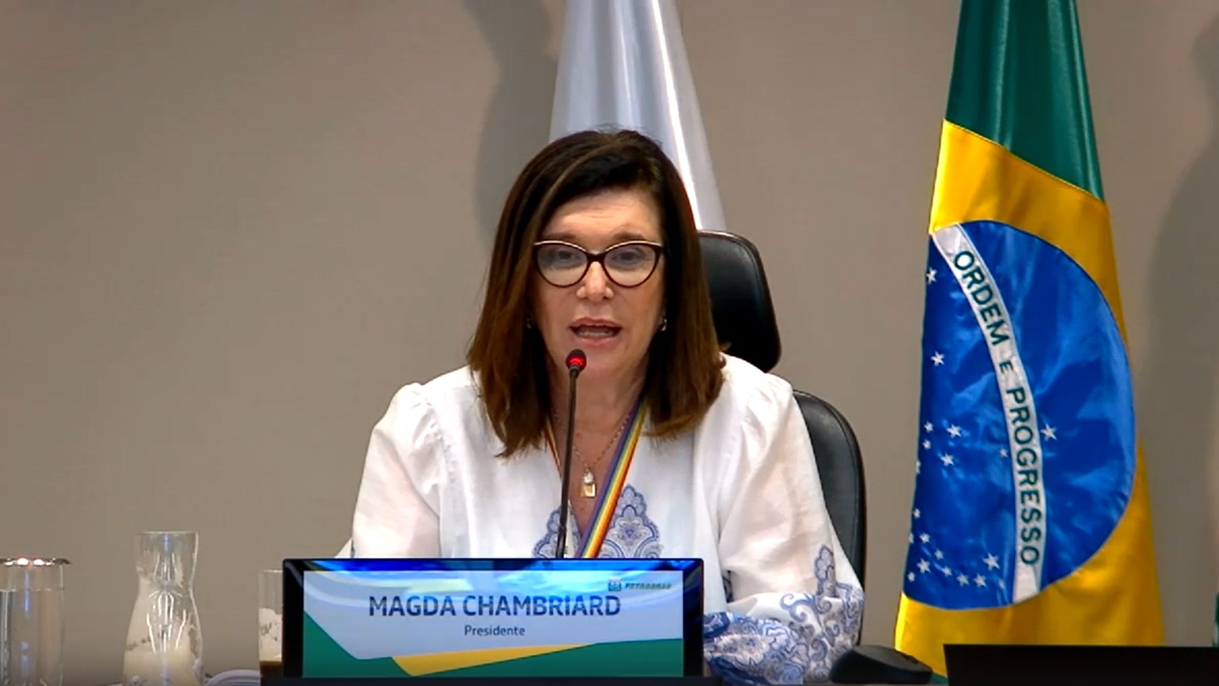 A presidente Magda Chambriard durante a coletiva de imprensa online sobre os resultados do 1º trimestre de 2025
