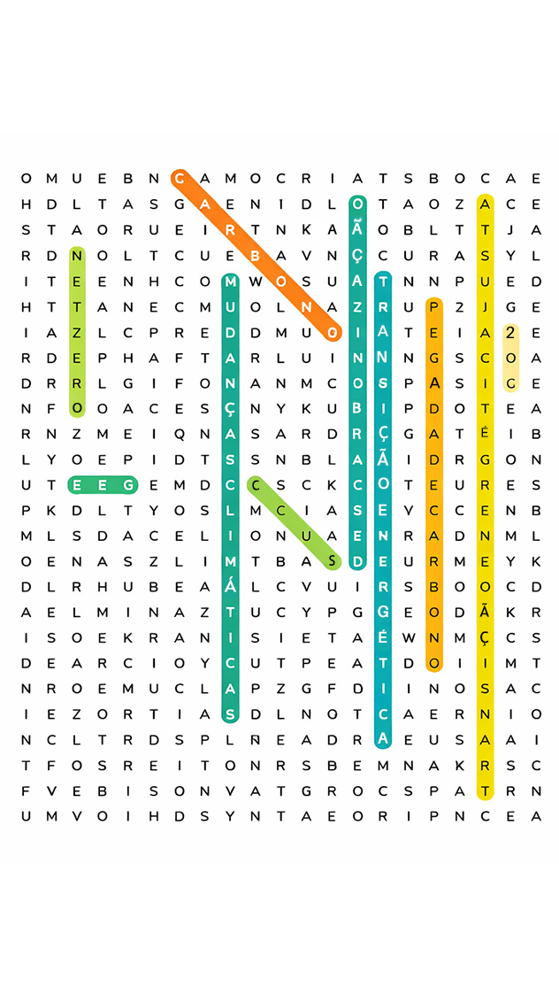 Caça-palavras com termos como GEE, transição energética, CO2 e outros do mesmo universo.