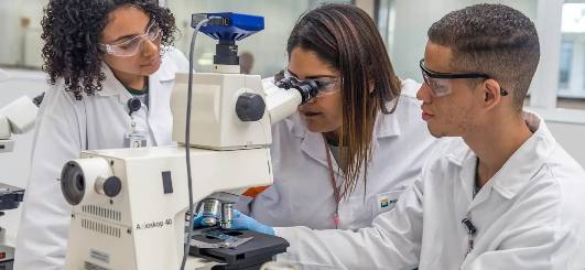 Mulher utilizando microscópio. Ao seu lado, outros dois cientistas conversando com ela.