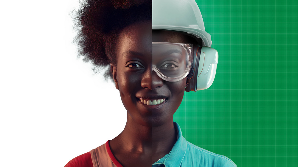 Rosto de uma mulher dividido por duas fotos diferentes. À esquerda, ela usa roupas casuais. À direita, ela usa uniforme da Petrobras.