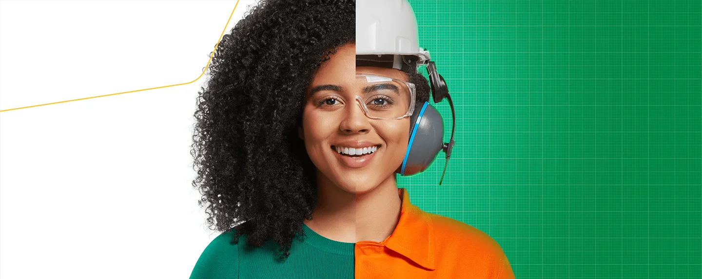 Mulher sorridente em montagem dividida: à esquerda com roupa casual verde, à direita com uniforme laranja, capacete e EPIs de segurança.