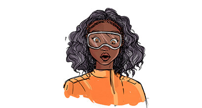 Petra Ventura surpresa, usando uniforme laranja e óculos de proteção.
