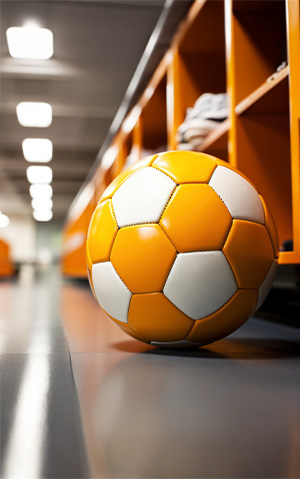 Bola de futebol laranja e branca no chão de um vestiário com armários ao fundo.