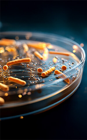 Placa de Petri com micro-organismos e estruturas filamentosas, representando pesquisa em biotecnologia ou produção de biogás.