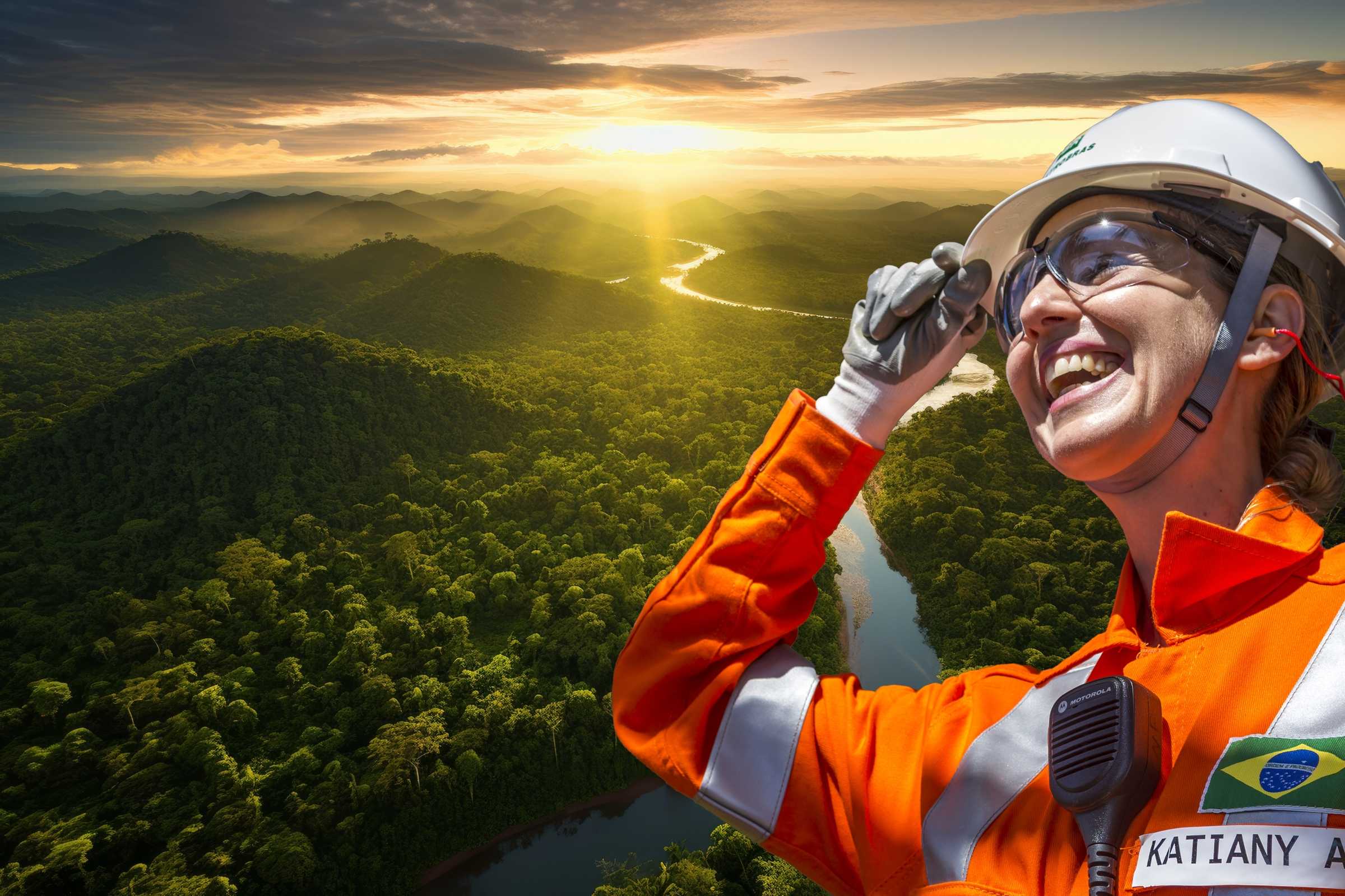 Mulher com uniforme de segurança da Petrobras sorri em frente a uma paisagem de floresta tropical ao pôr do sol, com um rio sinuoso ao fundo.