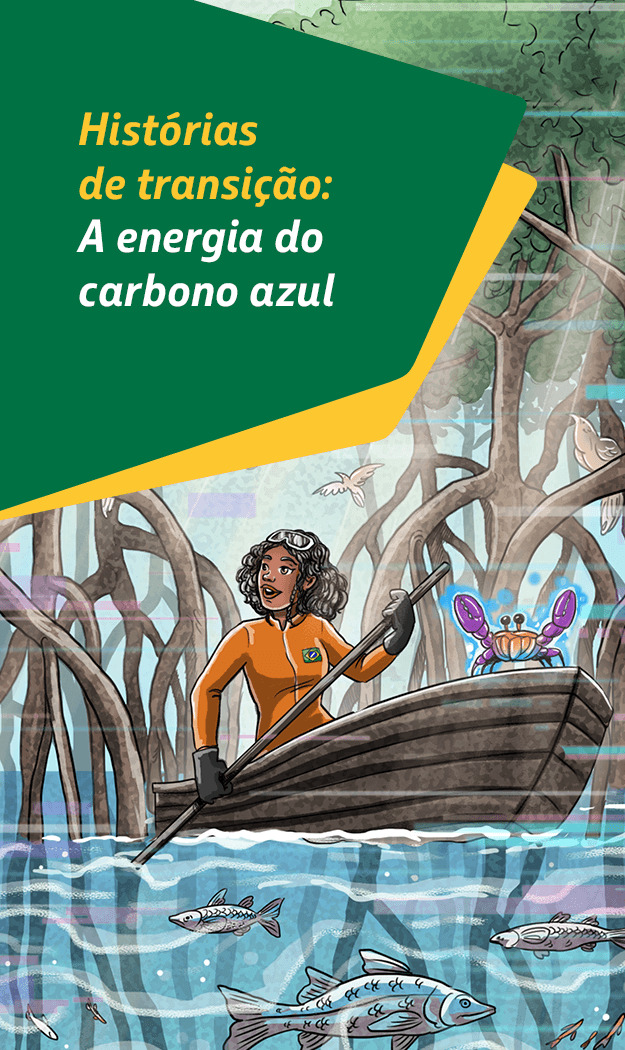 Petra, uma mulher negra com roupa laranja, rema um barco sobre águas cristalinas, com peixes nadando, e raízes de mangue ao redor.
