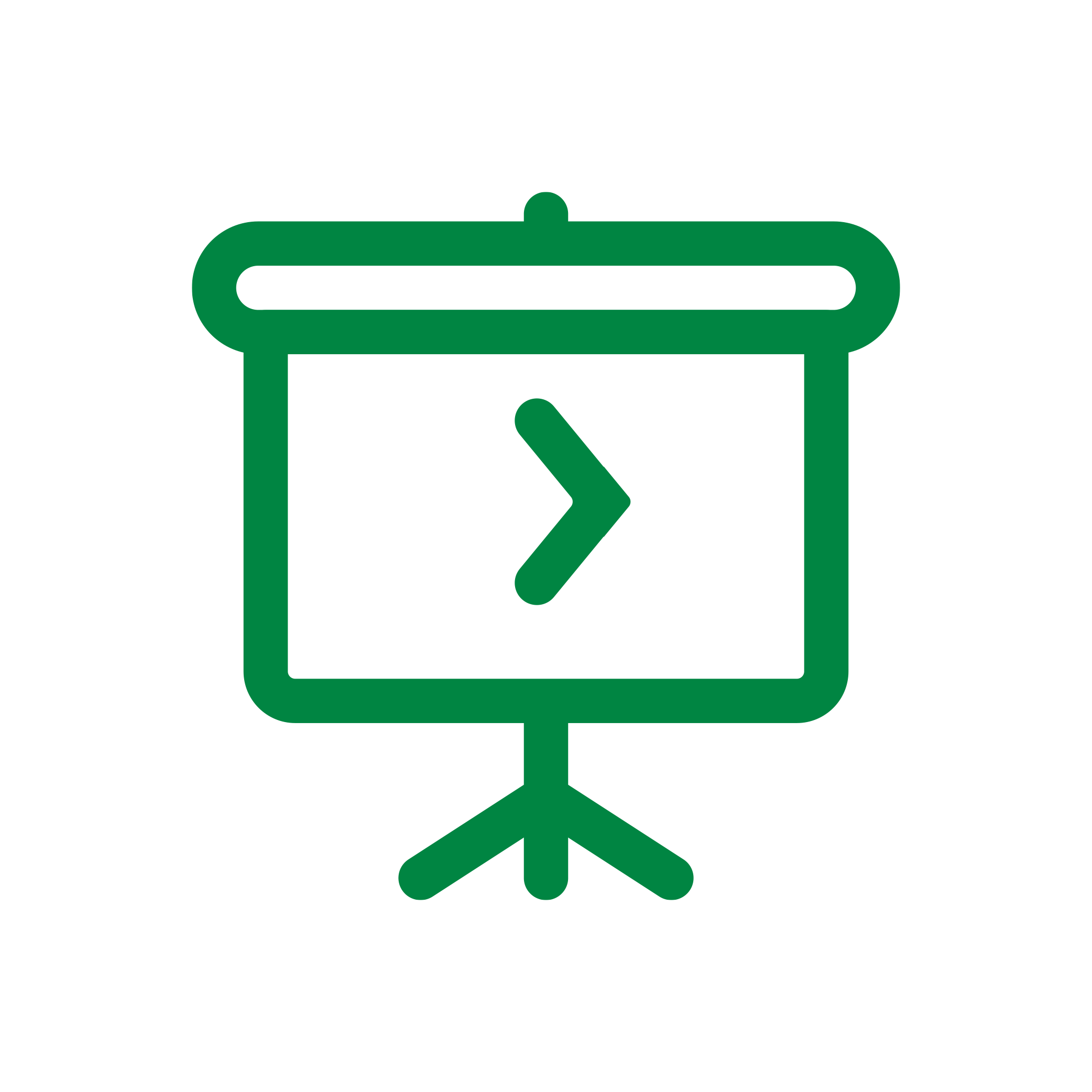 Ícone verde de uma tela de projeção em um tripé com uma seta para a direita no centro.