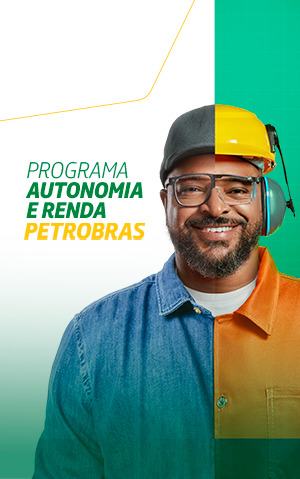 Banner do Programa Autonomia e Renda Petrobras com homem sorridente em montagem dividida entre roupa casual e uniforme de segurança.