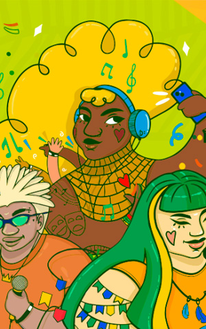 Ilustração colorida de pessoas diversas celebrando com música, arte e confete sobre fundo verde e laranja.