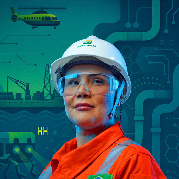 mulher com capacete da Petrobras e óculos de proteção