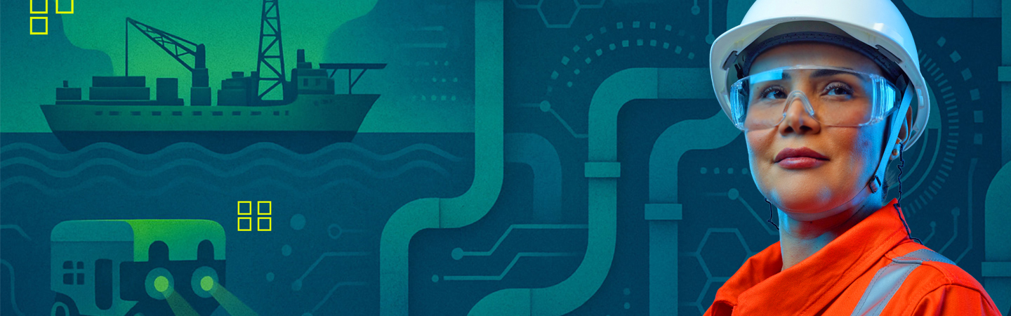 Mulher de capacete da Petrobras e óculos de segurança