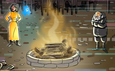 Petra, uma mulher negra, e um homem branco ancião em volta de uma grande fogueira. Ao lado dela, há uma pequena chama azul flutuante com um rosto alegre.