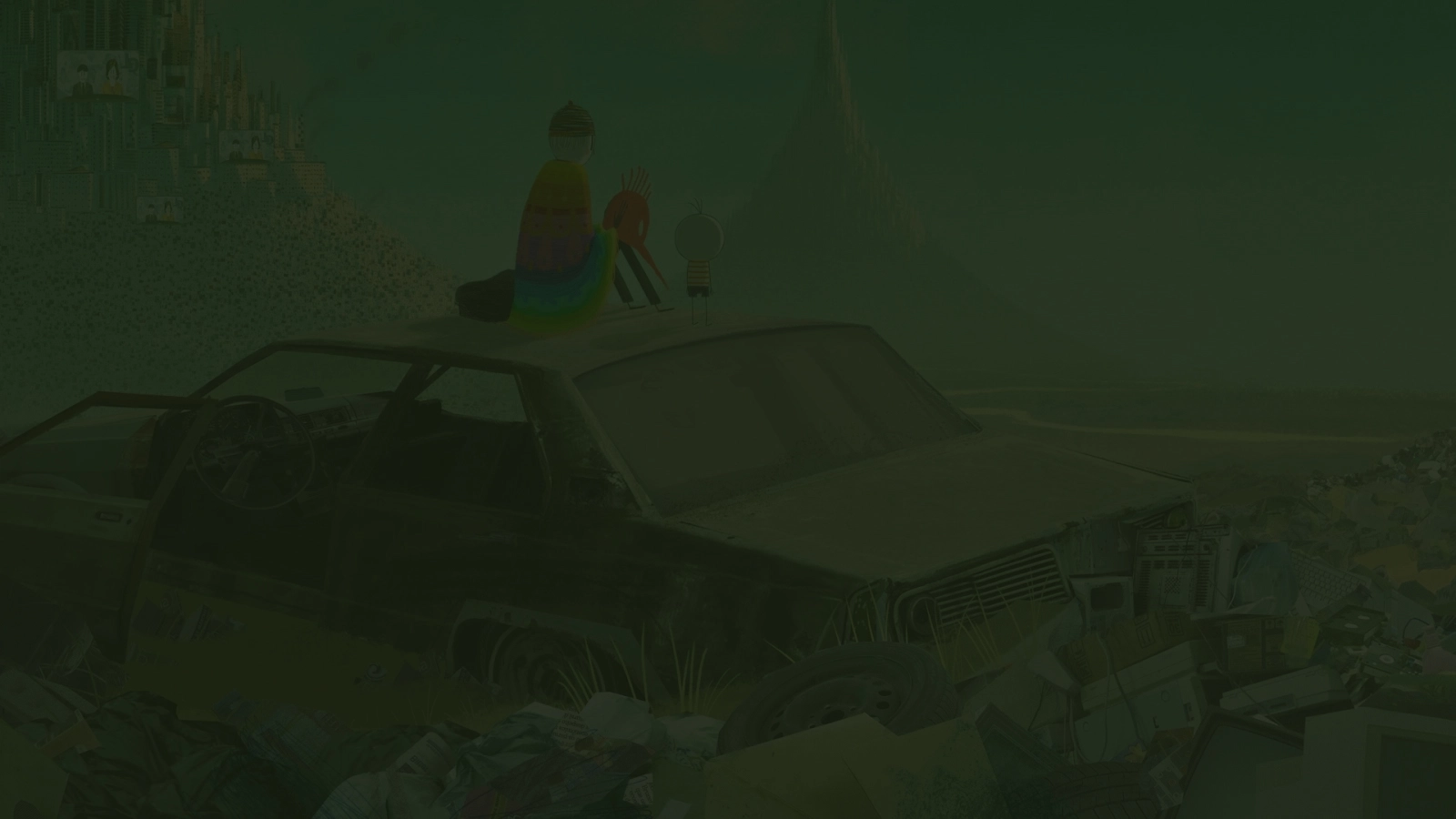 Personagens sobre teto de carro abandonado em cenário de animação.