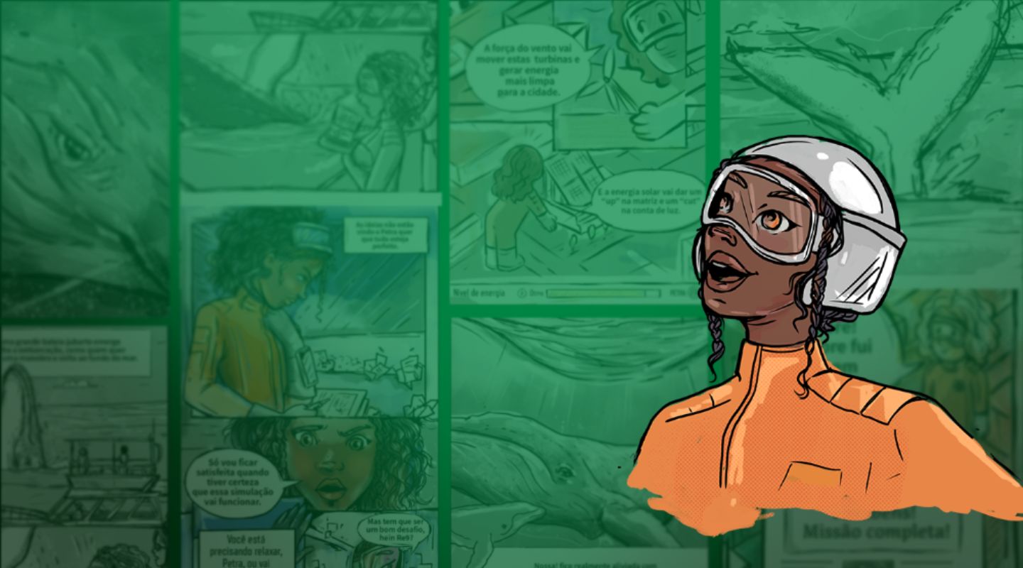 Personagem ilustrada em estilo de história em quadrinhos, usando capacete e uniforme, sobre fundo com cenas de transição energética.
