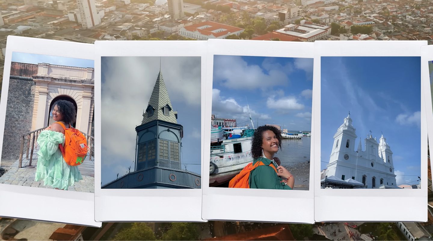 Colagem estilo Polaroid com fotos da mochileira Amora em Belém, no Pará, visitando locais históricos como o Forte do Castelo, o Mercado Ver-o-Peso e a Basílica de Nazaré durante o Círio.