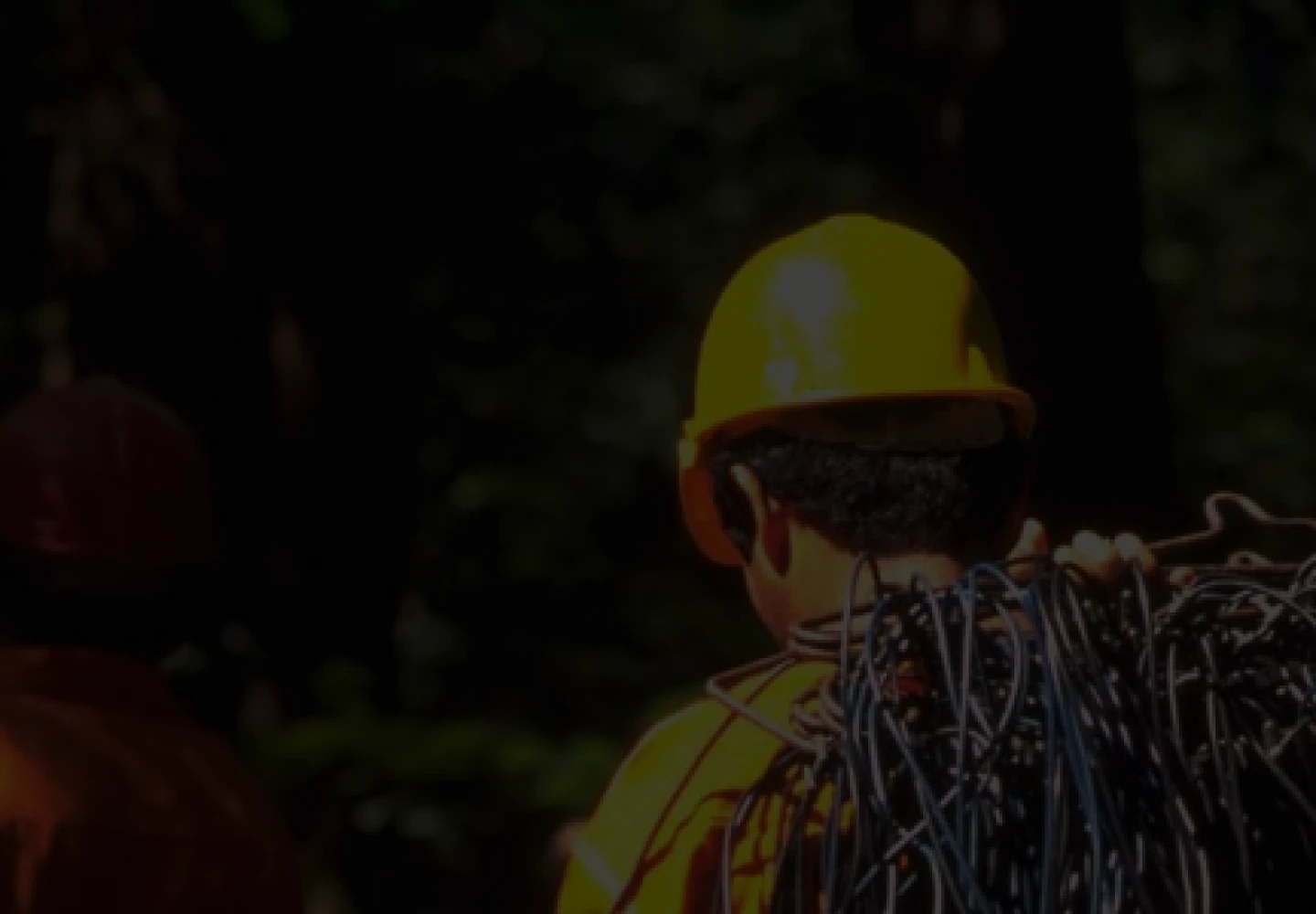 Fotografia de dois funcionários da Petrobras, usando uniforme, andando em meio a uma floresta na Amazônia.