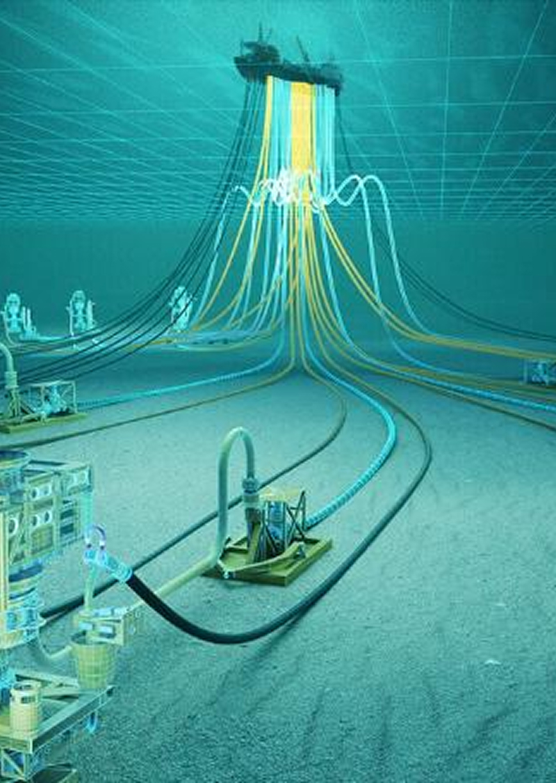 Imagem 3D simulando carbonos coloridos saindo de uma plataforma de petróleo e chegando ao fundo do mar.