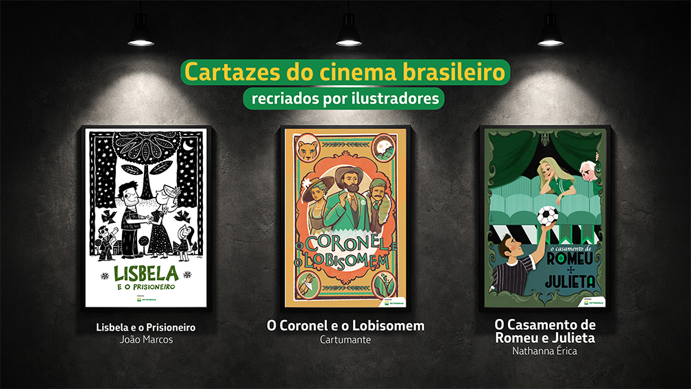 Releitura de cartazes de filmes nacionais das obras Lisbela e o Prisioneiro, O Coronel e o Lobisomem e O Casamento de Romeu e Julieta.