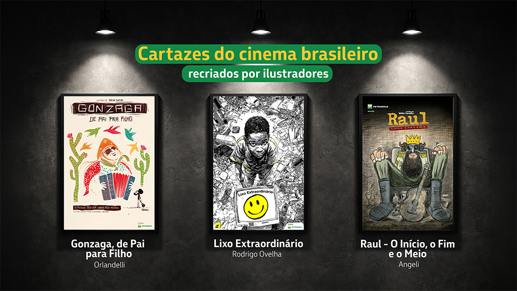Releitura de cartazes de filmes nacionais das obras Lixo Extraordinário, Raul - O Início, o Fim e o Meio e Gonzaga, de Pai para Filho.