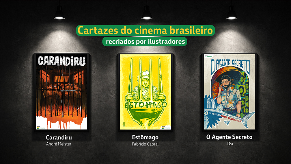 Releitura de cartazes de filmes nacionais das obras Carandiru, Estômago e O Agente Secreto.