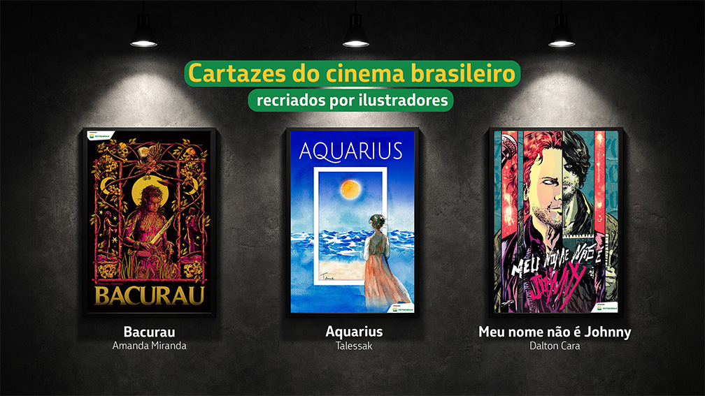 Releitura de cartazes de filmes nacionais das obras Bacurau, Aquarius e Meu Nome não é Johnny.