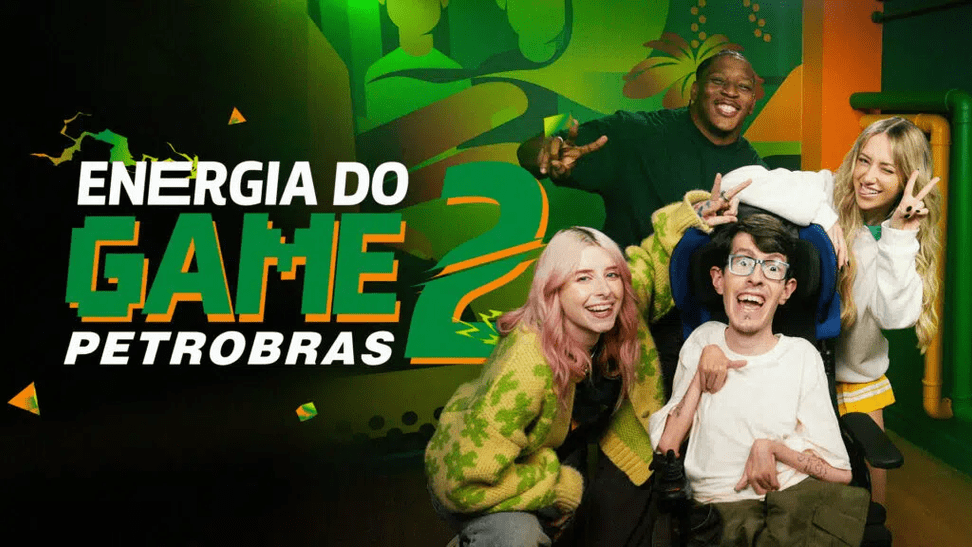 Duas mulheres e dois homens influenciadores sorriem e posam para foto. Ao lado deles, está sobreposto o texto “Energia do game Petrobras 2”.