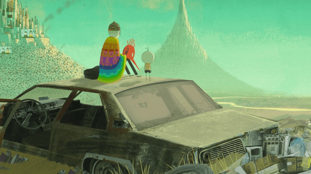 Cena do filme animado O Menino e o Mundo. Um menino ao lado de outro personagem sobre o capô de um carro, em meio a destroços.