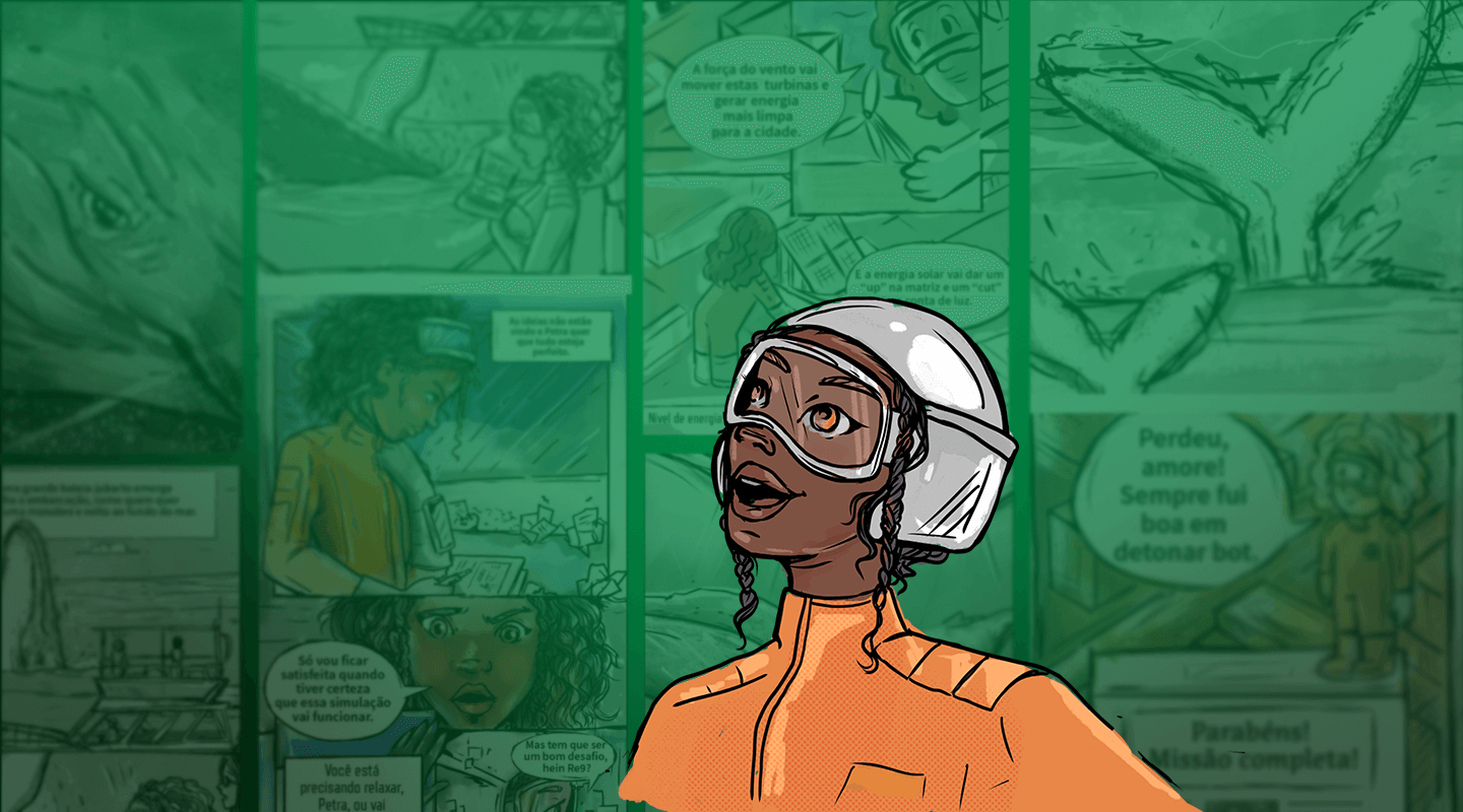 Ilustração da personagem Petra, uma mulher negra, usando uniforme da Petrobras em frente a várias histórias em quadrinhos.