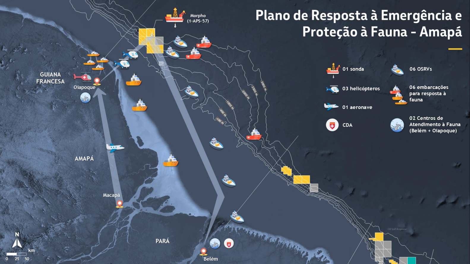 Mapa mostrando onde estarão embarcações, helicópteros e outras operações do Plano de Resposta à Emergência e Proteção da Fauna no Amapá.