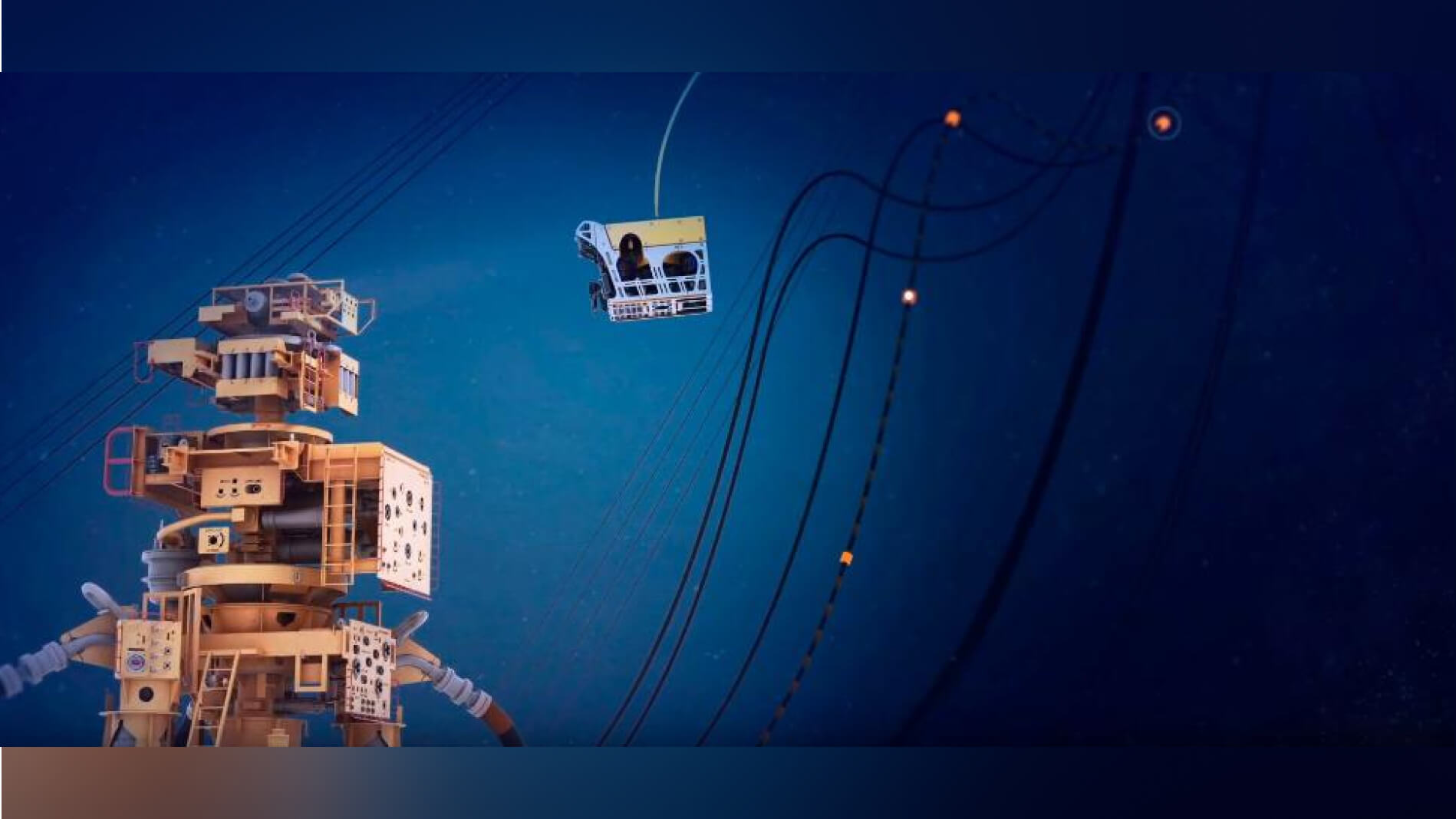 Fotografia de linhas flexíveis da Petrobras e robôs para exploração de águas profundas.