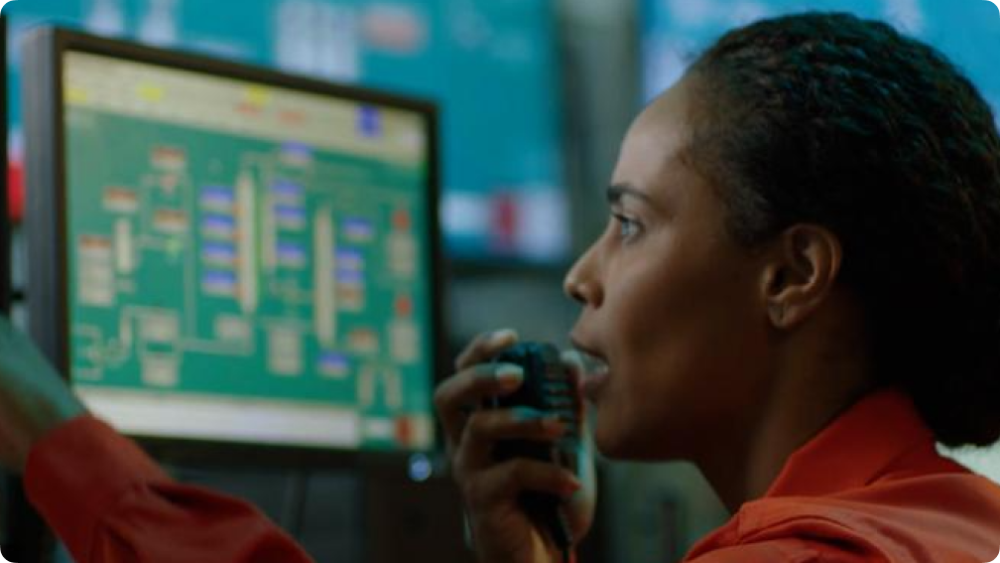 Técnica de operação na sala de comando. Ela usa uniforme da Petrobras e fala a um walkie-talkie.Técnica de operação na sala de comando. Ela usa uniforme da Petrobras e fala a um walkie-talkie.