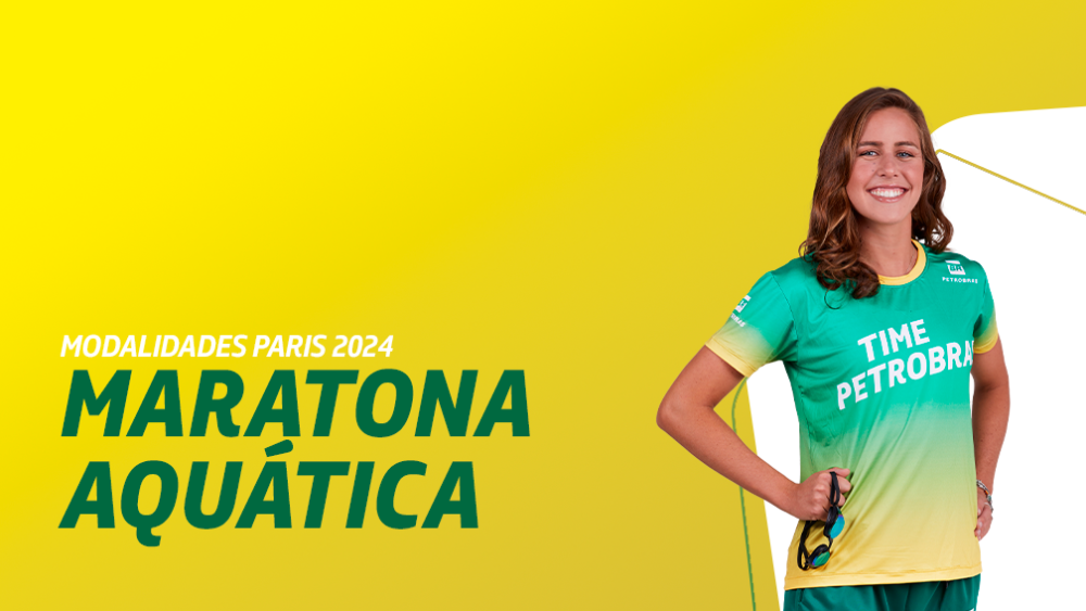 Uma atleta sorri para a câmera usando uniforme do Time Petrobras. Ao lado dela, o texto 
