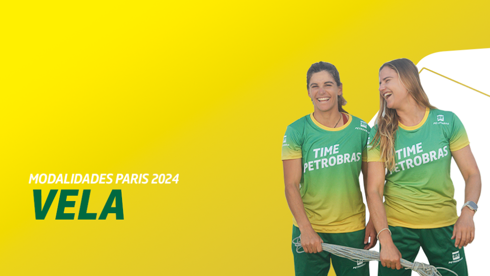 Duas atletas sorriem lado a lado usando uniforme do Time Petrobras. Ao lado delas, o texto 
