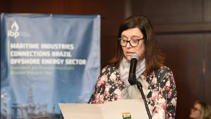 A presidente Magda Chambriard durante encontro com fornecedores brasileiros e investidores internacionais, em Houston (EUA)