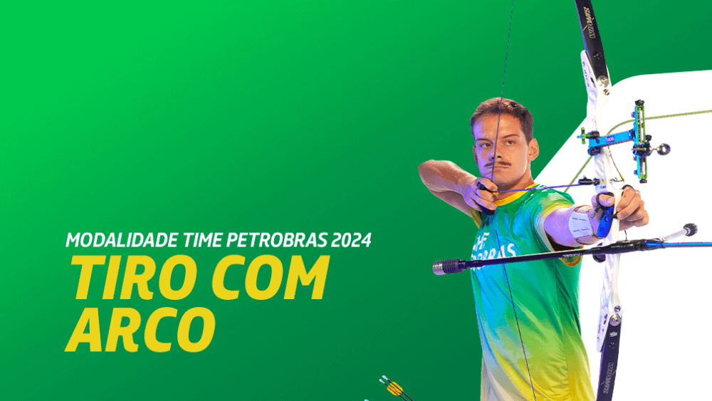 Um atleta praticando tiro com arco, usando uniforme do Time Petrobras.