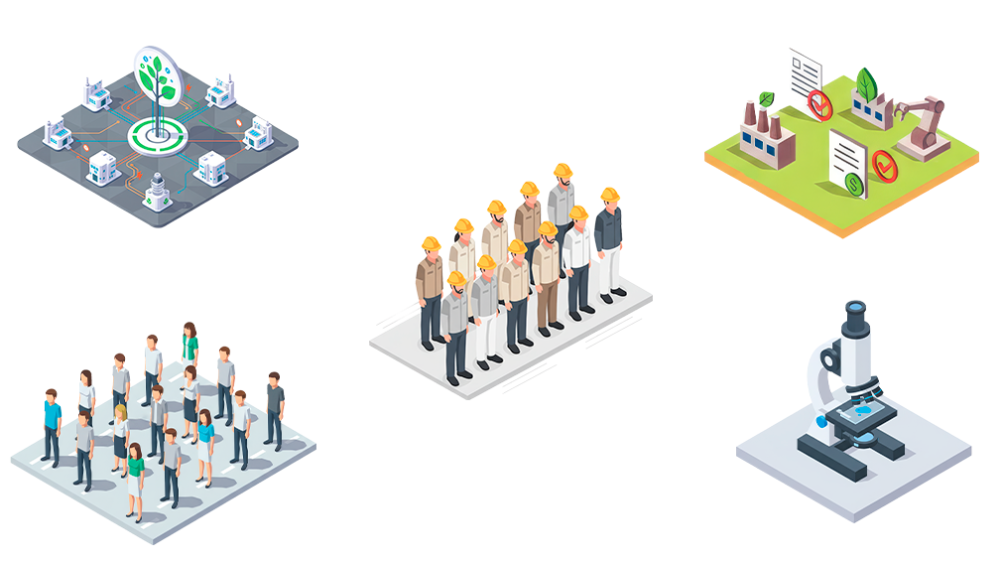 Cinco ilustrações representando diferentes elementos de projetos socioambientais: pessoas, prédios e indústrias com energia renovável, um telescópio, trabalhadores com capacete.